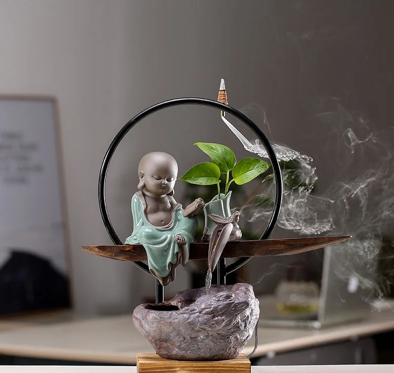 D Zen Monk Desk Water Fountain with Incense Burner Hydroponic Planter, Ceramic Humidifier Waterfall,Fengshui Fountain Home Decor - Цвет: D