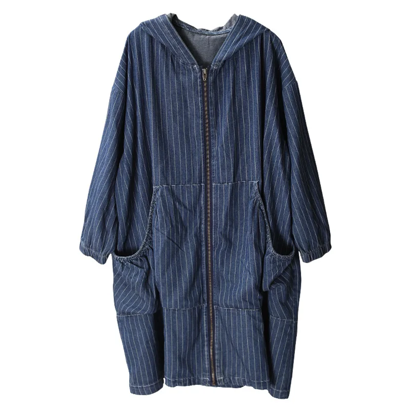 SuperAen Autumn New Denim Trench Coat for Women Korean Style Pluz Size Women Clothing Striped Windbreaker Female