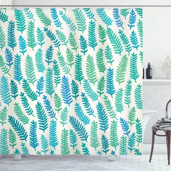 

Teal Shower Curtain, Leaf Pattern Branches Trees in Summer Forest Foliage Pattern Design Style Print, Cloth Fabric Bathroom