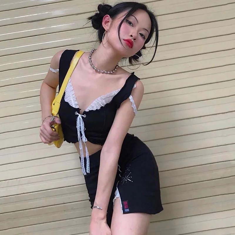 ALLNeon Fashion Sweet Straped Matching Sets Women's Lace up Crop Tops and Slit Mini Skirts Sets Vintage E-girl 2 Piece Sets Cute ALLNeon Fashion Sweet Straped Matching Sets Women's Lace up Crop Tops and Slit Mini Skirts Sets Vintage E-girl 2 Piece Sets Cute