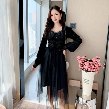 

COIGARSAM Patchwork Women dress New Mesh Dresses Black 8927