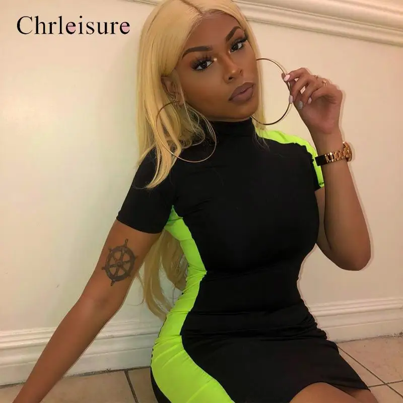 

Chrleisure Sexy Patchwork Women Mini Dress Solid Color Turtlenck Female Dress Fashion Nightclub Style Sheach Woman's Clothes