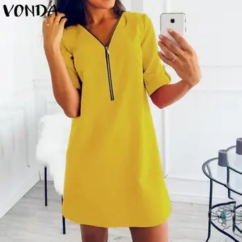

VONDA Cotton Dress Sexy V Neck Long Sleeve Button Dresses Autumn Elegant Beach Sundress Femme Party Robe Bohemian Vestidos S-5XL