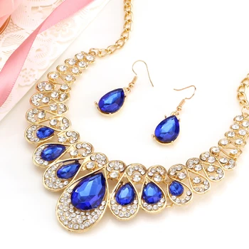 Fashion Gold Color Water Drop Pendant Chocker Necklace Earrings Wedding Bridal Crystal Stone Jewelry Sets
