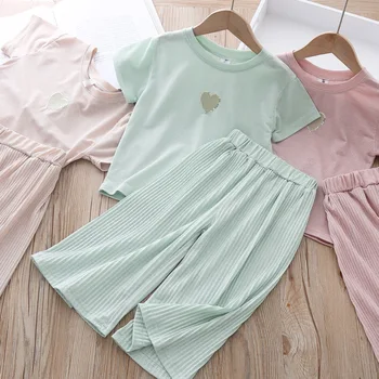 

Girls Summer Viscose Fiber Short Sleeve Wide Leg Pants Two Piece Suit Fashion Sequin Lovely Girl Sweet Princess Set kids