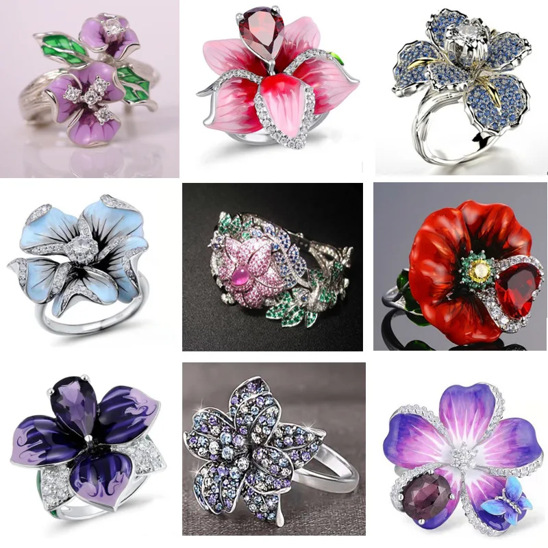 

2024 Cute Woman Rings Korean Fashion Gothic Simple Floral Flower Rhinestone-Embedded Ring Jewelry Engagement Ring Anillos Mujer