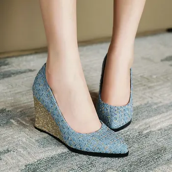 

2020 Fashion Sequined Wedges Women Shoes Pointed Toe High Heels Pumps Slip On Shallow Party Dress Shoes Woman Blue Red Black