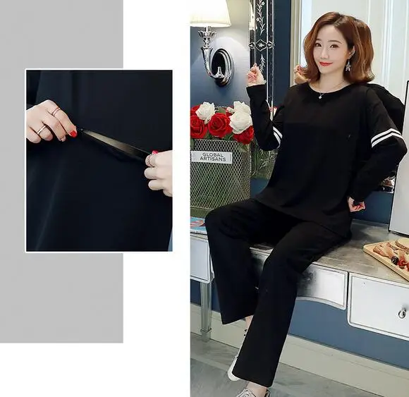 Blacknursing Autumn Pregnancy Cotton Sports Clothes Set Nursing Maternity Breastfeeding Tops+Casual Trousers Twinset Lactation Pants Suits - Цвет: Blacknursing