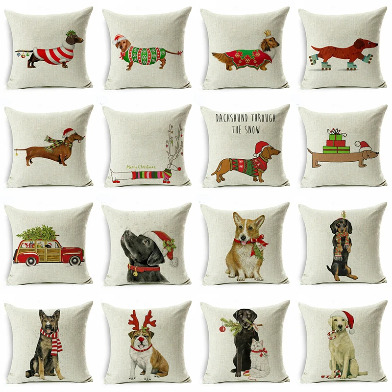 Christmas Dog Pillow Case Throw Pillowcase Cotton Linen Printed Pillow
