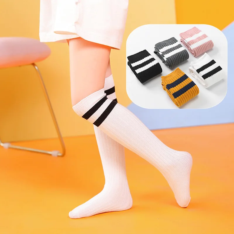 

New Style Korean-style Semi-Cylinder Students' Knee-high Socks Two Bars Wide Vertical Striped Summer Pure Cotton Children Footba