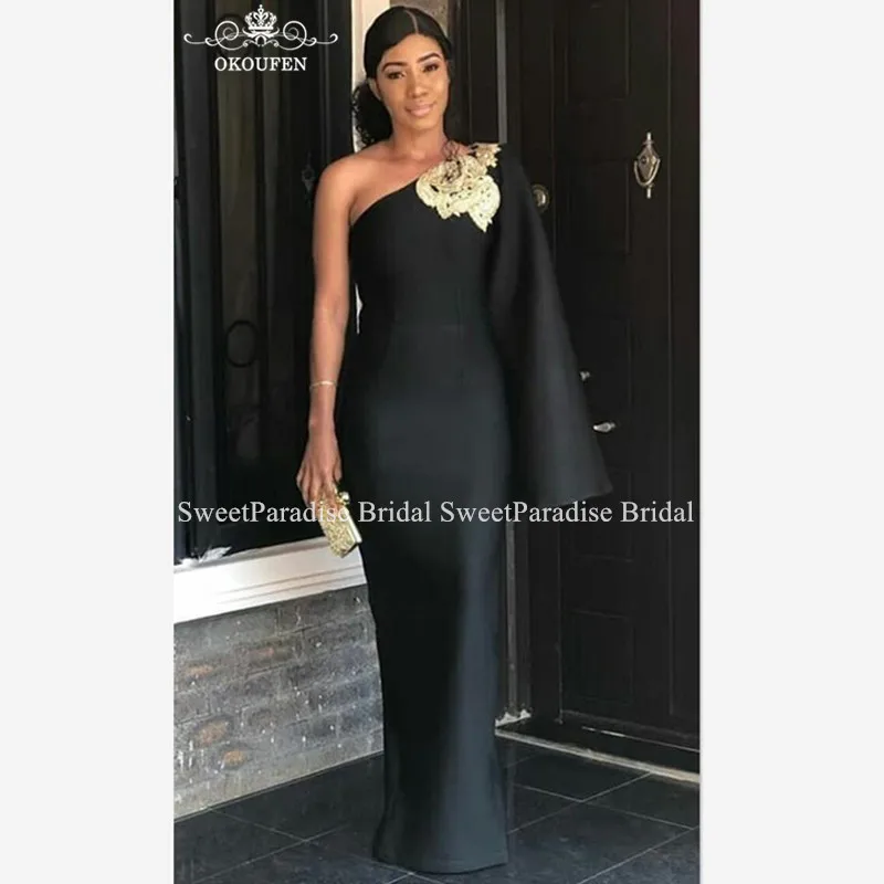 

Black Satin One Long Sleeves Evening Dress With Appliques Arabic Dubai Women Runway Prom Dresses Robe De Soiree