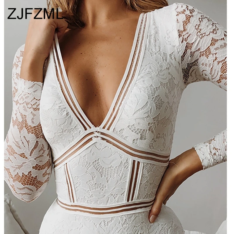

Sexy Hollow Out Lace Female Bodysuits Fashion Deep V-Neck Patchwork Long Sleeve Skinny Women's Jumpsuits 2019 New Autumn Clothes