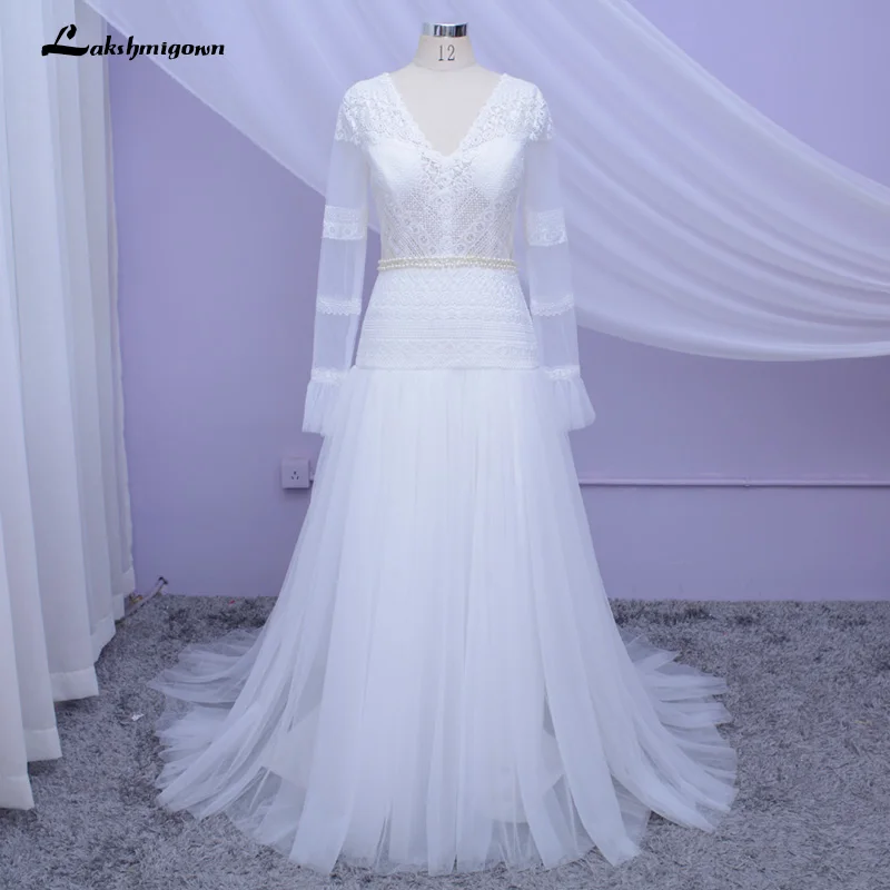 Женское свадебное платье с длинными рукавами кружевное пляжное трапеция V - Фото №1