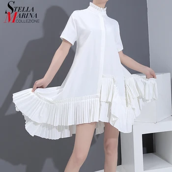 

New 2020 Korean Style Women Summer Solid White Midi Shirt Dress Stand Collar Ruffle Hem Ladies Stylish Cute Wear Dress Robe 6039