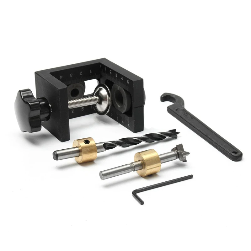 DWZ Black Woodworking Hole Locator Punch Positioner Jig Kit + Step Drilling Bit Wood Tool