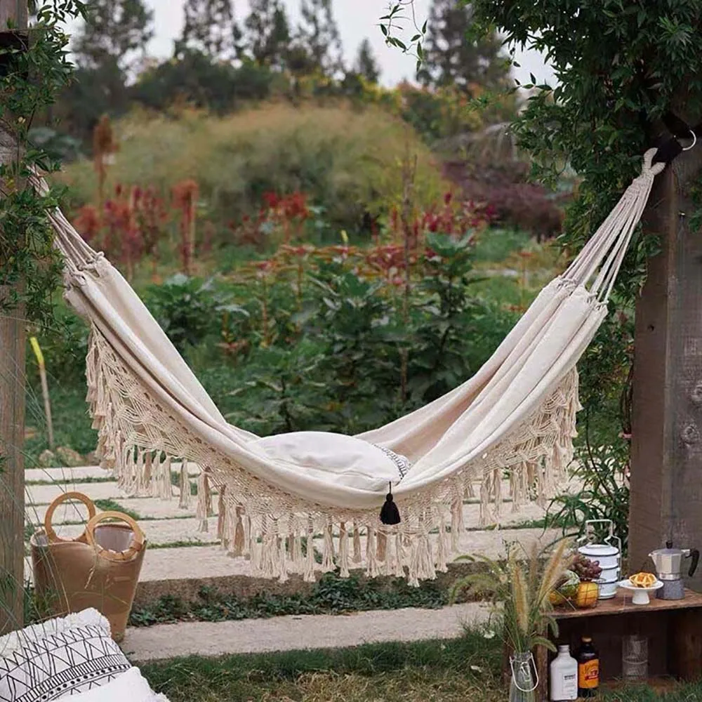 

2 Person Hammock Boho Large Brazilian Macrame Fringe Double Deluxe Hammock Swing Net Chair Out/Indoor Hanging Hammock