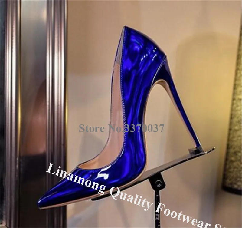Linamong; женские очаровательные флуоресцентные туфли-лодочки на шпильке 12 см; свадебные туфли на высоком каблуке с острым носком из лакированной кожи; цвет синий, фиолетовый