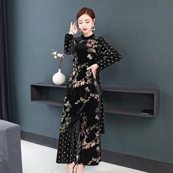 

Velvet Dress Suit Women Spring Autumn Floral Dot Print Hem Split Retro Dress + High Waist Wide Leg Pants Two Piece Sets TA1158
