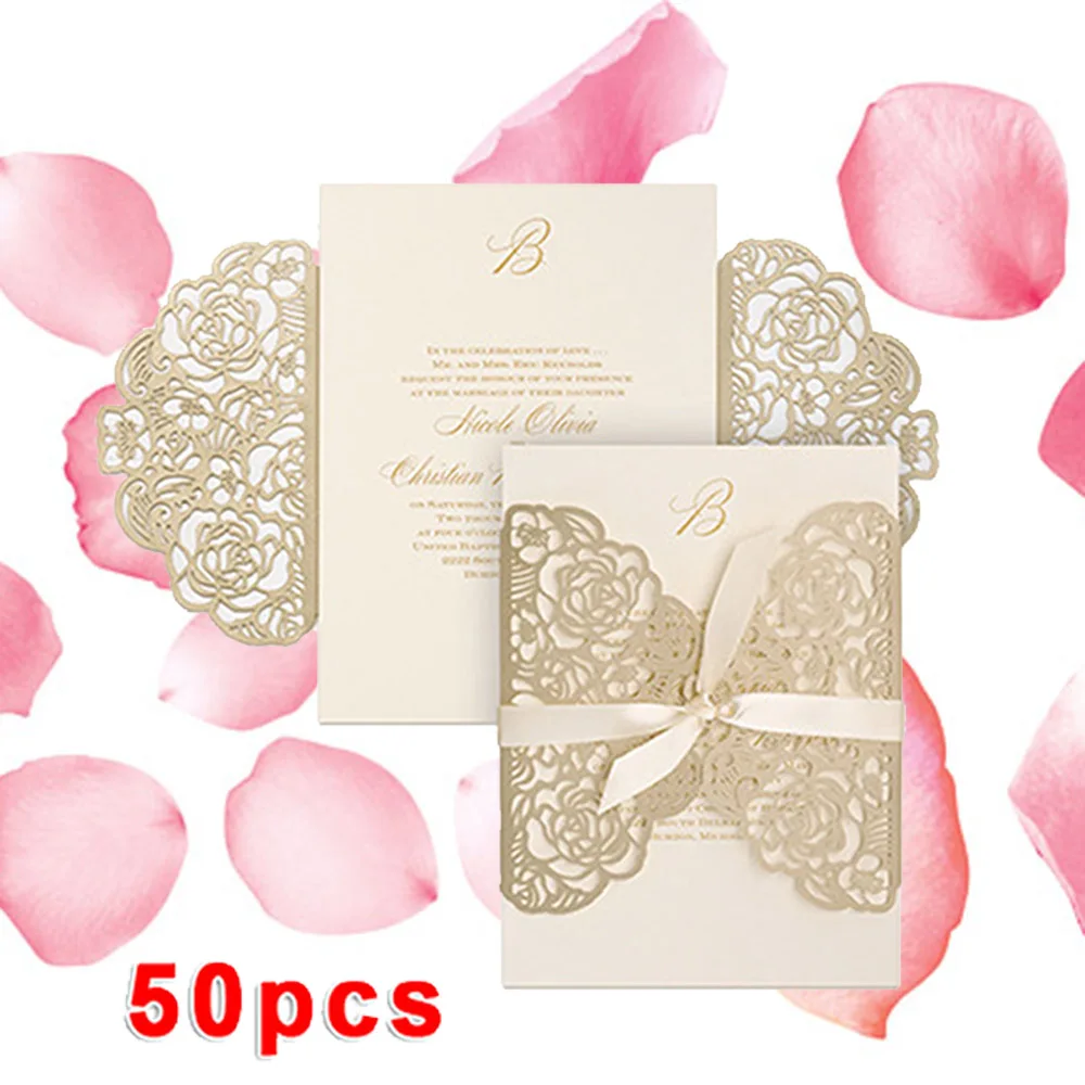  50pcs Folded Paper Hollow Exquisite Wedding Invitation & Greeting Card w/ Ribbon Holiday Greeting C - 4.00034E+12