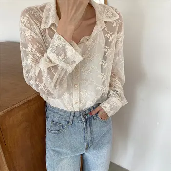

Alien Kitty 2020 Delicate Lace Embroidery Chic Sweet Stylish Light Basic Blouses All-Match Loose Office Lady Casual Brief Shirt