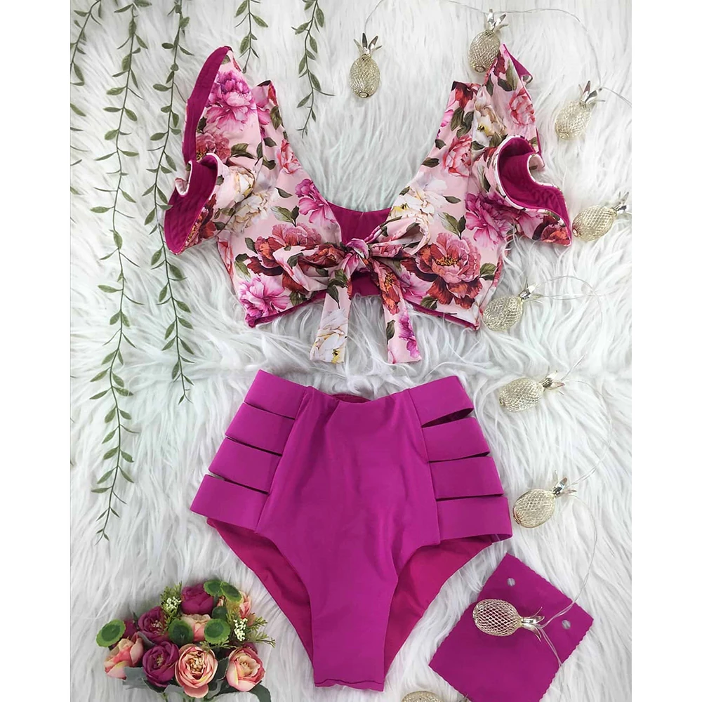 Sexy Shoulder Ruffle Swimwear Women Swimsuit High Waist Bikini Set Bowknot Push Up Bathing Suit Beachwear Biquini Female