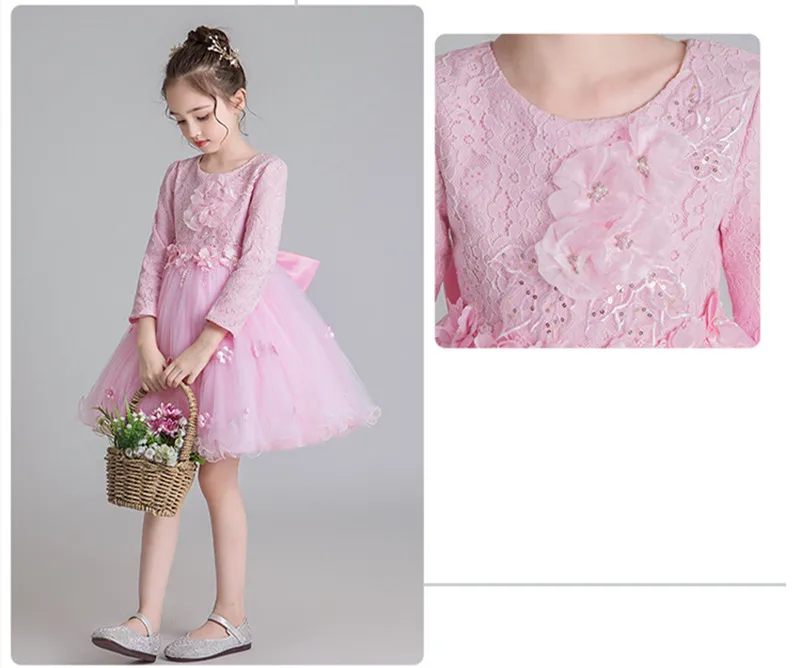 Кружевное платье принцессы с цветочным рисунком Одежда для девочек осенне-зимнее платье с длинными рукавами для свадьбы вечернее платье для дня рождения для девочек от 3 до 13 лет