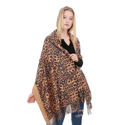Зимний кашемировый шарф с леопардовым принтом для женщин, теплый толстый Дамский шарф шаль, длинный женский пончо с кисточками, палантин с