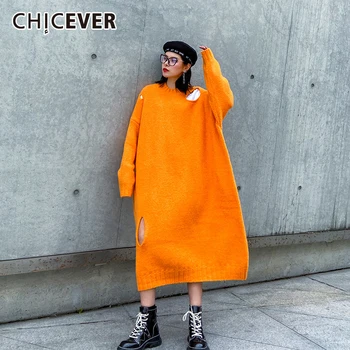 

CHICEVER Oversized Dress For Women O Neck Long Sleeve Irregular Hole Knitting Loose Korean Straight Dresses Female 2020 Clothing