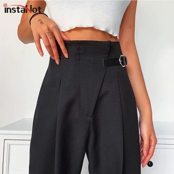 

InstaHot Black Casual Straight Suit Pant Women High Waist Buckle Side Loose Summer Female Office Lady Elegant Trousers Pant 2020