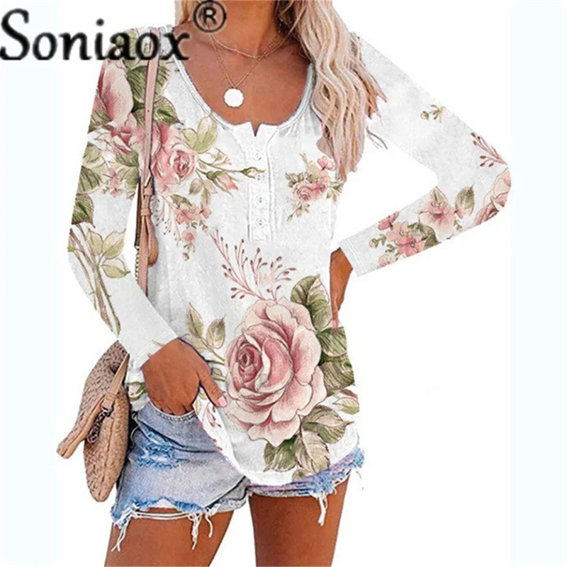 

2021 Autumn Flowers Printed T-Shirt Women Casual Long Sleeve Round Neck Button Tee Tops Fashion Street Loose Pullover