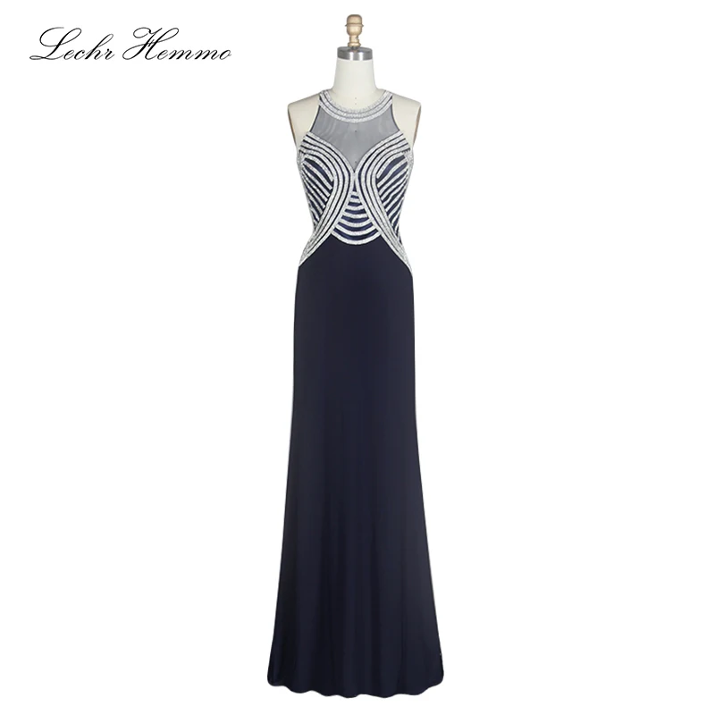 

2019 Simple Evening Dresses Women O-Neck Dark Blue Personalized Stripes Elegant Sleeveless Formal Party Gown Prom Dress Female