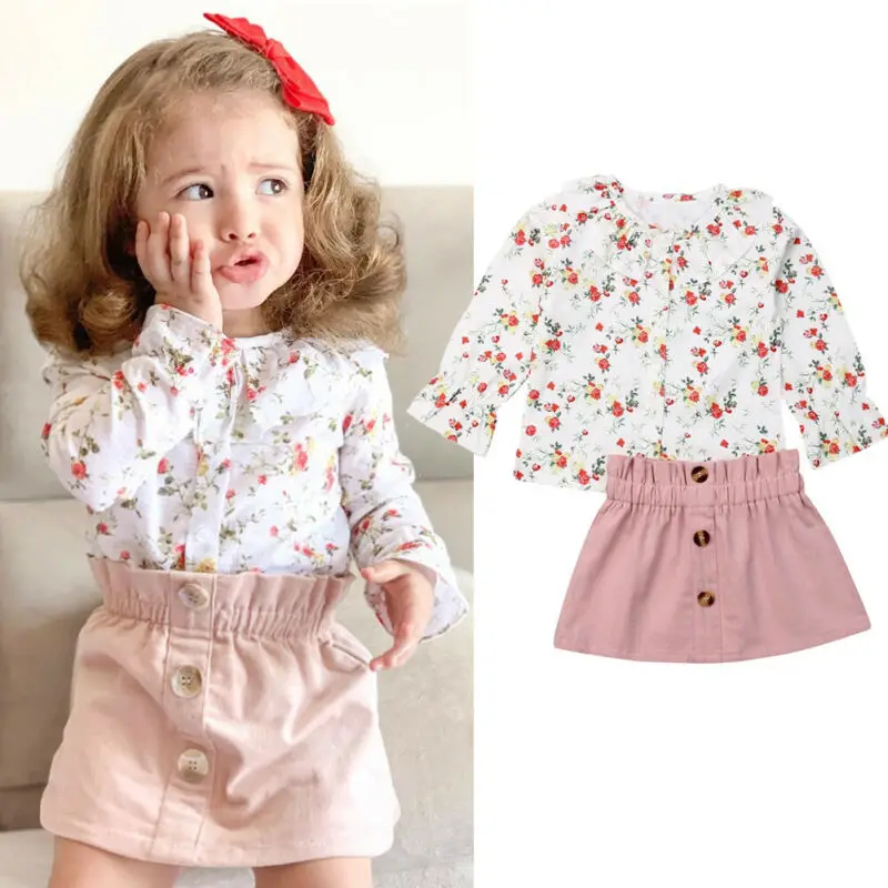 

Sweet baby girl clothes Toddler Kids long sleeve Floral Button Ruffle Shirt top button pink Skirts 2PCS autumn Outfit Set
