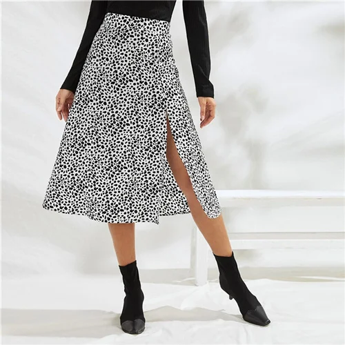 Black and White SHEIN, черная и белая, по всей поверхности, с принтом, с разрезом, до бедра, сексуальная юбка, для женщин, низ,, осенняя мода, для девушек, на молнии, миди, трапециевидные юбки - Цвет: Black and White