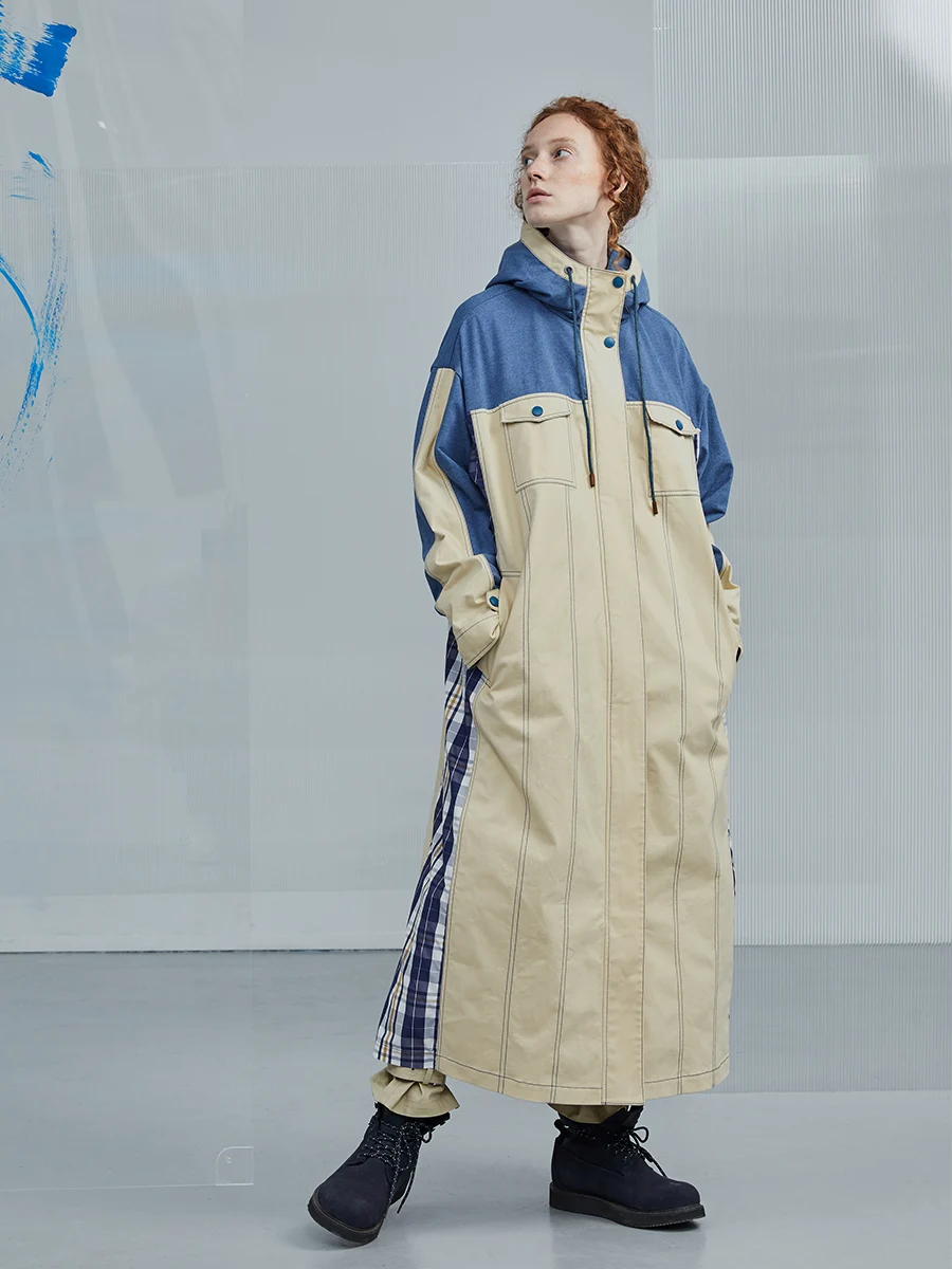

Original Design AIGYPTOS Spring Women Clothes Coat Casual Loose Hooded Long Trench Plaid Patchwork Oversized Cotton Windbreaker