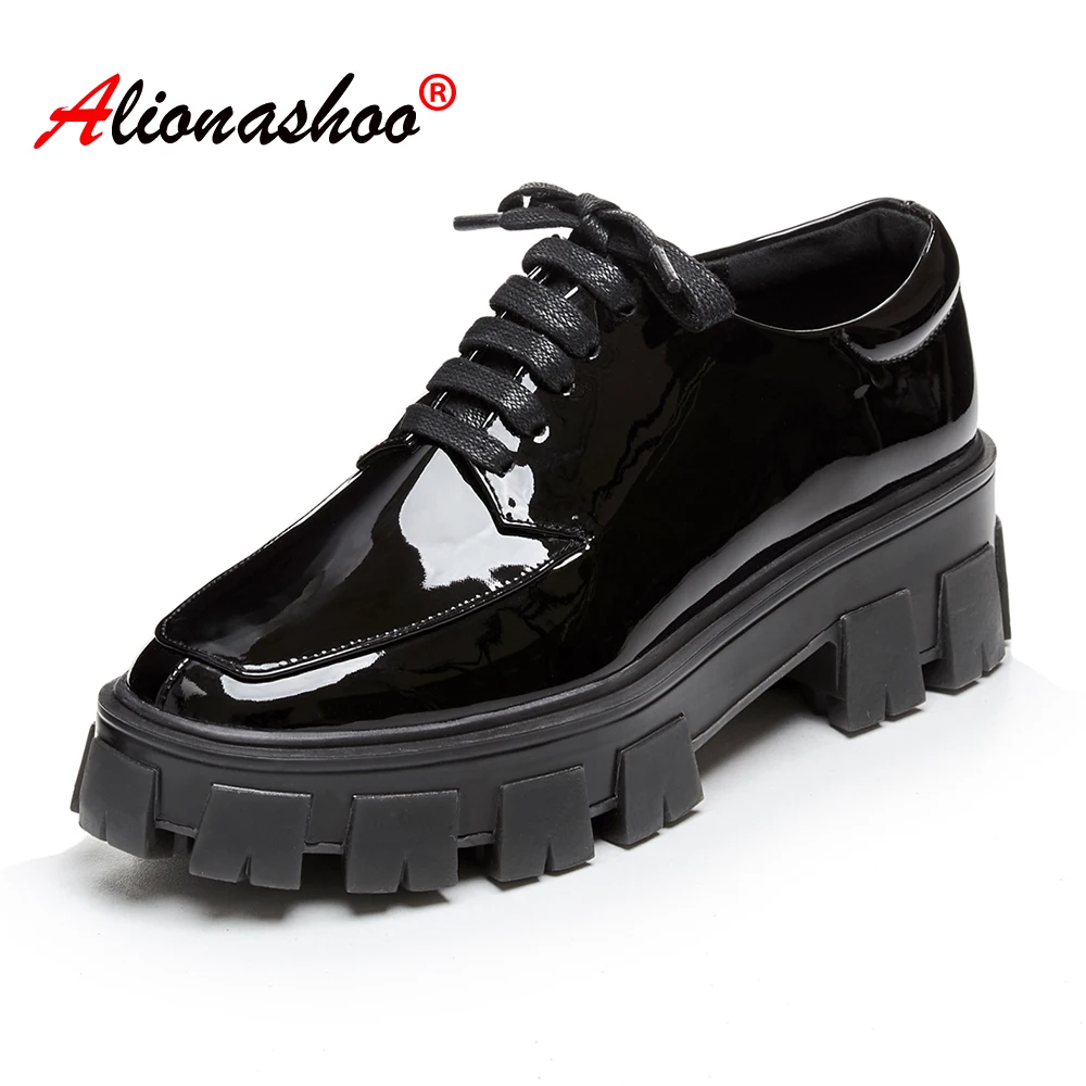 

Shoes Women Genuine Leather Thick Soled Casual Shoes Women Round Toe Crossed Tied Lace-up Black Boat Shoes Women Large Size 42