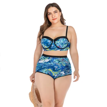 

2020 New Dark Blue Print Swimsuit Women Plus Size Swimwear High Neck Bathing Suit L-4XL Girl High Waist Beachwear Bikini Set