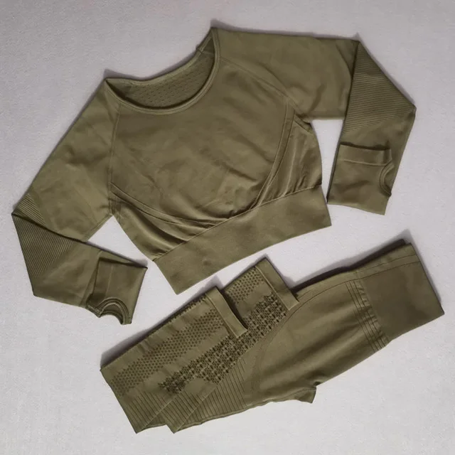 Army green set Комплект из 2 предметов, бесшовный комплект для йоги, спортивная одежда для женщин, одежда для фитнеса, Леггинсы для йоги с длинным рукавом, укороченный топ для спортзала, спортивный костюм - Цвет: Army green set