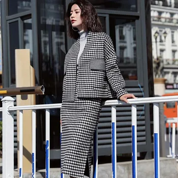 

two piece set plaid autumn winter women set moda mujer 2019 jacket coat and skirt suit conjuntos de mujer elegante roupas femi