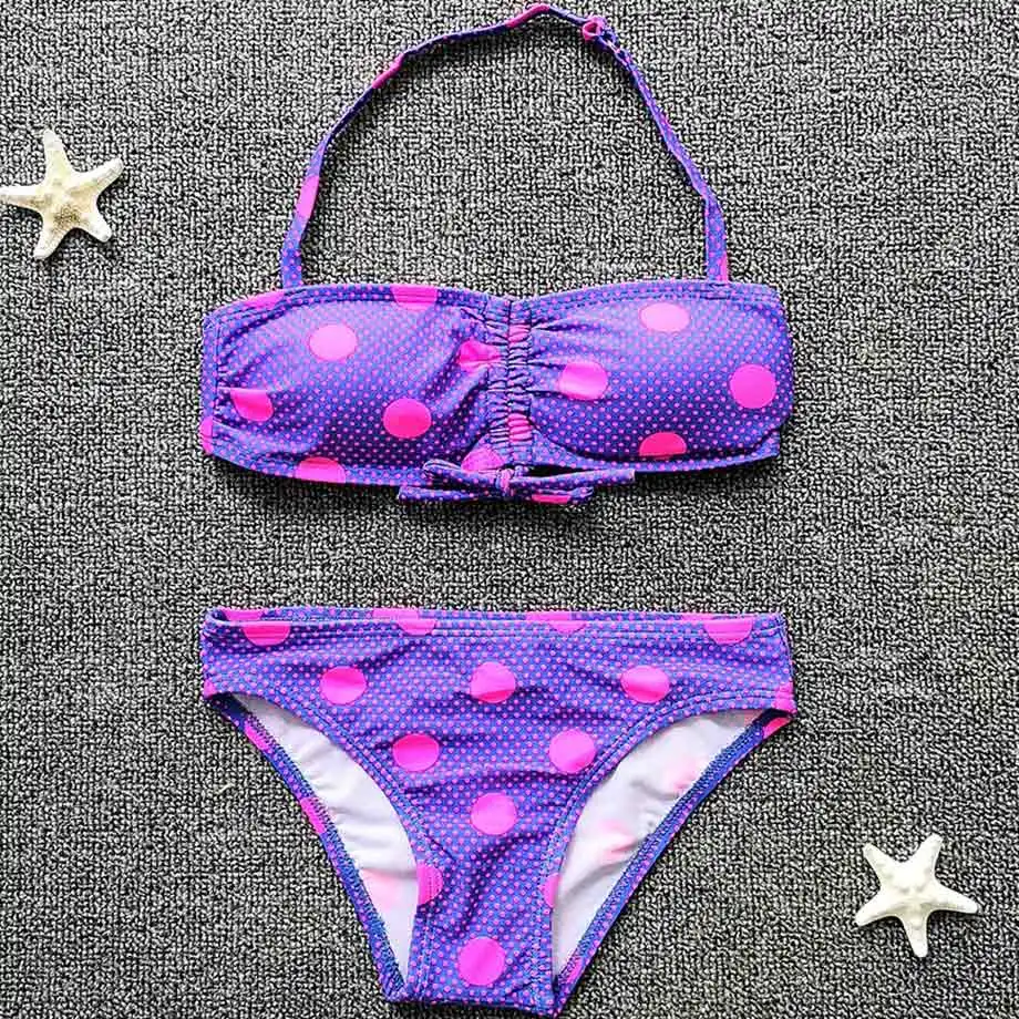 Purple Купальный костюм в горошек для девочек детский От 5 до 10 лет комплект бикини для девочек детская одежда для плавания с подкладкой из двух предметов топ с бретельками купальный костюм Одежда для купания для девочек - Цвет: Purple