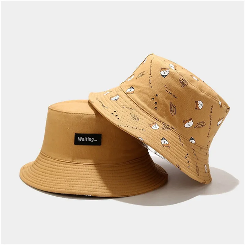 Sun Hat LDSLYJR Cotton Double Sided Cartoon Dog Print Bucket Hat Fisherman Hat Outdoor Travel for Men and Women 261