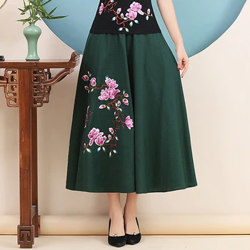 

KYQIAO faldas mujer moda 2020 black long skirts women spring Chinese style long green embroidery midi skirt