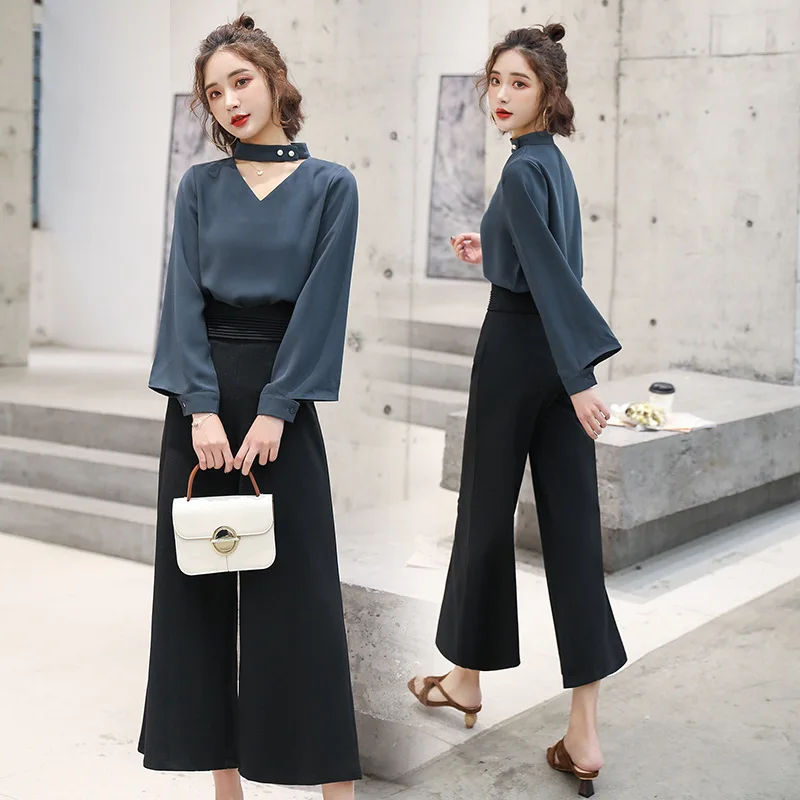 

2019 Spring Two-Piece Set V-neck Shirt Casual Comfortable Simple Trend Elegant Loose Pants Cool-Style Set
