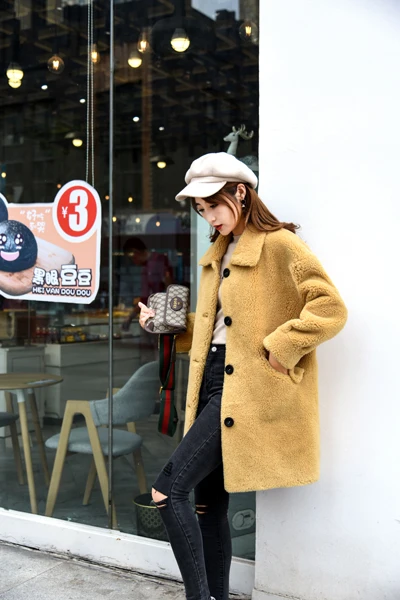 yellow New real sheep fur coat Women natural Sheep shearing jacket winter coat women leather jacket big size F1154 - Цвет: yellow