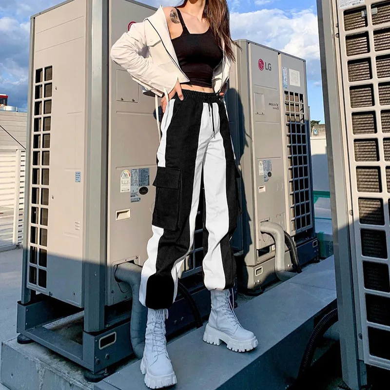 

NCLAGEN Black and White Spliced Women Fashion Contrast Color Sweatpant Drawstring Pockets Loose Casual Pants Street Trousers