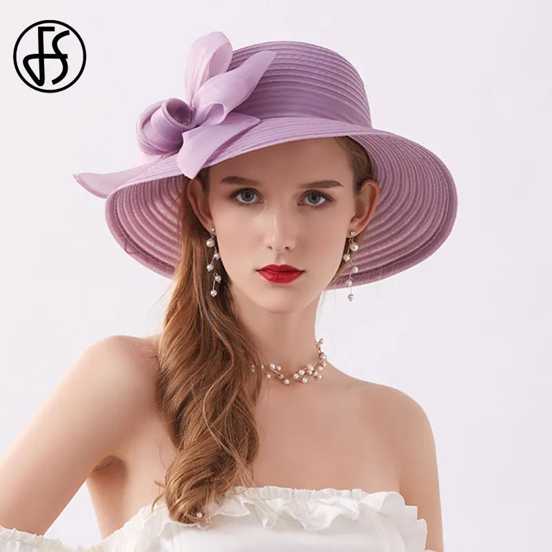 FS Pink Wide Brim Hats For Women Caps Ladies Fascinators Fedora Hat Flower Wedding Church Party Beach Sun Hats