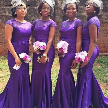 

African bridesmaid dresses long new satin crystal short sleeve purple mermaid elegant wedding party dress vestido de noiva