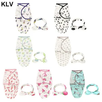 

2 Pcs/set Fashion Baby Newborn Cotton Blanket Sleeping Bag Headband Set Infants Swaddle Rabbit Ear Hair Accessories