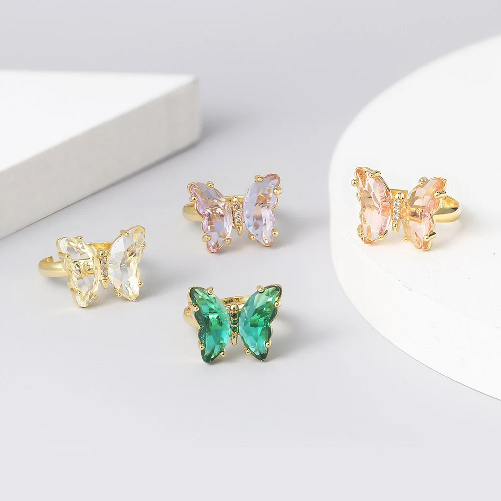 Butterfly Rings For Women Aesthetic Jewellry Multicolor Adjustable Crystal Ring Wholesale Gold Color Fashion Gift Jewelry R025