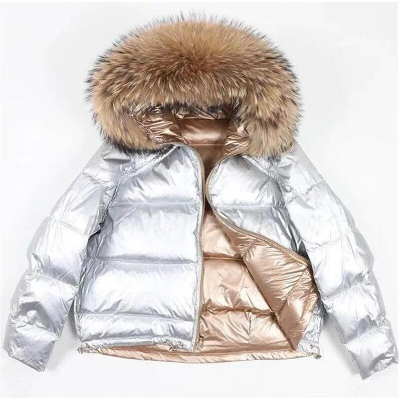 Двусторонний пуховик для женщин, натуральный мех, зимняя куртка для женщин, глянцевый мягкий белый утиный пух, зимнее пальто, теплые парки - Цвет: Silver 3