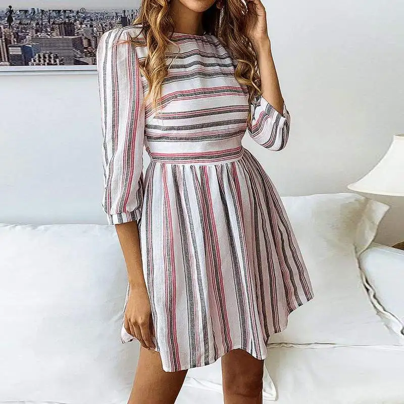 

Plus Size Women Summer Sundress ZANZEA 2019 Bohemian Half Sleeve Tunic Vestidos Stylish Striped Mini Dress Female Patchwork Robe